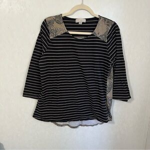 Caroline Taylor Black and Tan Stripped 3/4 Sleeve Blouse with Scoop Neckline